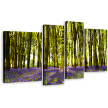 Load image into Gallery viewer, Oxfordshire Forest Canvas Wall Art, Sunbeams Through Purple Green Forest Canvas Set, Blooming Bluebells in Deep Woodlands 4 Piece Canvas Print
