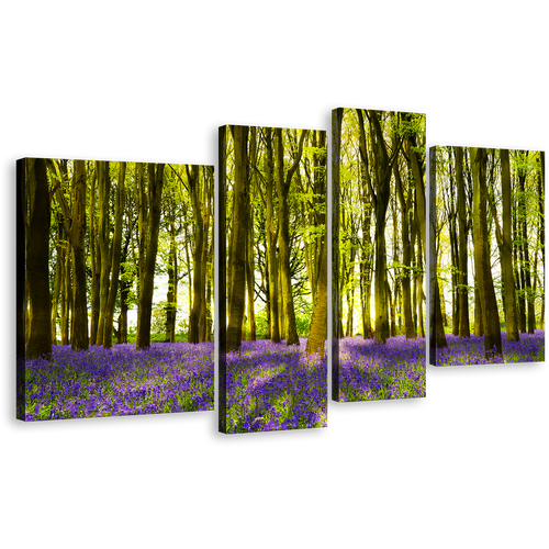 Oxfordshire Forest Canvas Wall Art, Sunbeams Through Purple Green Forest Canvas Set, Blooming Bluebells in Deep Woodlands 4 Piece Canvas Print