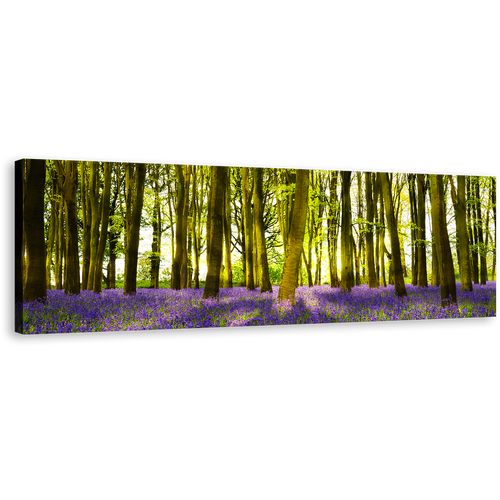 Oxfordshire Forest Canvas Wall Art, Sunbeams Through Purple Green Forest Panoramic Canvas, Blooming Bluebells in Deep Woodlands Canvas Print