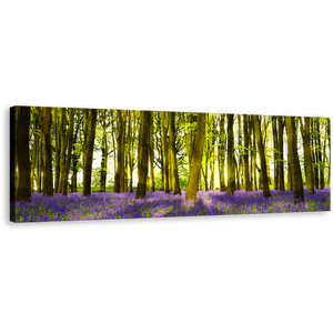 Oxfordshire Forest Canvas Wall Art, Sunbeams Through Purple Green Forest Panoramic Canvas, Blooming Bluebells in Deep Woodlands Canvas Print