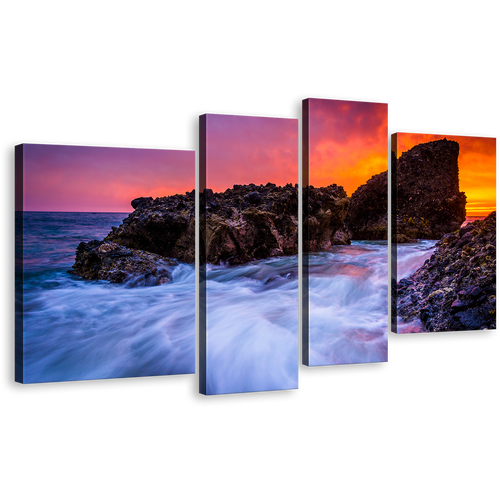 Pacific Ocean Canvas Wall Art, Blue Waves Rocks Ocean Multi Canvas, California Wood Cove Canvas Set, Orange Laguna Beach Sunset 4 Piece Canvas Print