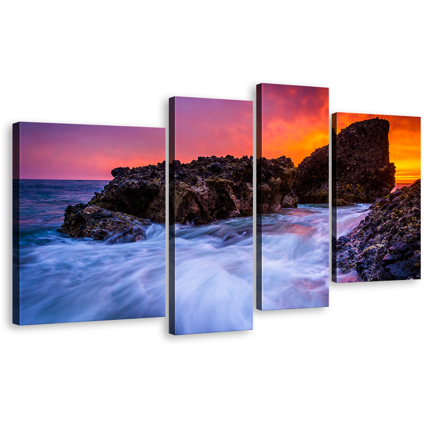 Pacific Ocean Canvas Wall Art, Blue Waves Rocks Ocean Multi Canvas, California Wood Cove Canvas Set, Orange Laguna Beach Sunset 4 Piece Canvas Print