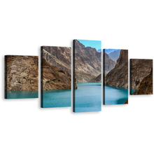 Load image into Gallery viewer, Pakistan Lake Canvas Print, Sea Green Attabad Lake 5 Piece Canvas Multi-panel Art, Brown Ocean Mountains Canvas Set
