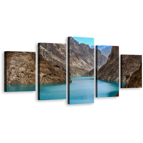 Pakistan Lake Canvas Print, Sea Green Attabad Lake 5 Piece Canvas Multi-panel Art, Brown Ocean Mountains Canvas Set