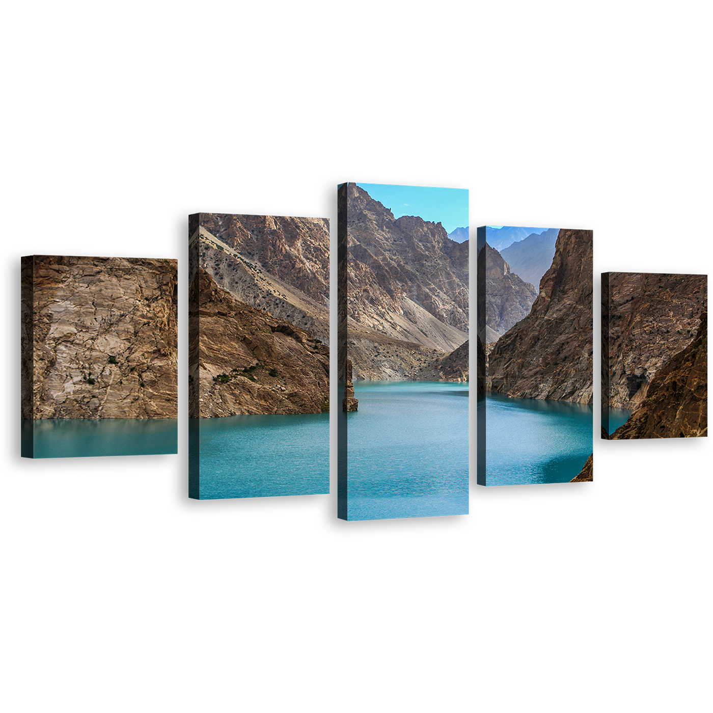 Pakistan Lake Canvas Print, Sea Green Attabad Lake 5 Piece Canvas Multi-panel Art, Brown Ocean Mountains Canvas Set