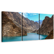 Load image into Gallery viewer, Pakistan Mountains Wall Art, Sea Green Attabad Lake Triptych Canvas Print, Brown Ocean Mountains Canvas Set
