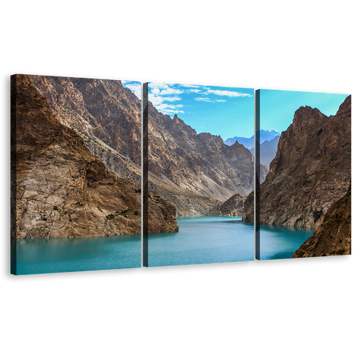 Pakistan Mountains Wall Art, Sea Green Attabad Lake Triptych Canvas Print, Brown Ocean Mountains Canvas Set