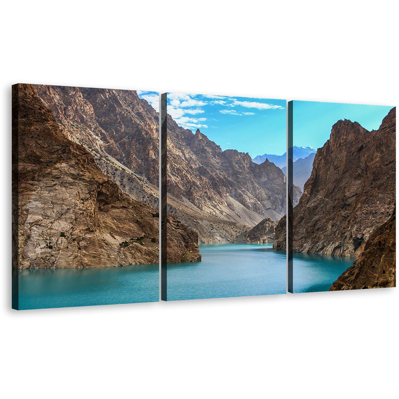 Pakistan Mountains Wall Art, Sea Green Attabad Lake Triptych Canvas Print, Brown Ocean Mountains Canvas Set