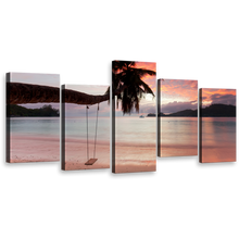 Load image into Gallery viewer, Palm Tree Canvas Print, Evening Sky Orange Seascape Multi Canvas Artwork, Seychelles Green Mahe Beach 5 Piece Canvas Wall Art
