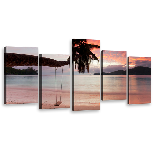 Palm Tree Canvas Print, Evening Sky Orange Seascape Multi Canvas Artwork, Seychelles Green Mahe Beach 5 Piece Canvas Wall Art