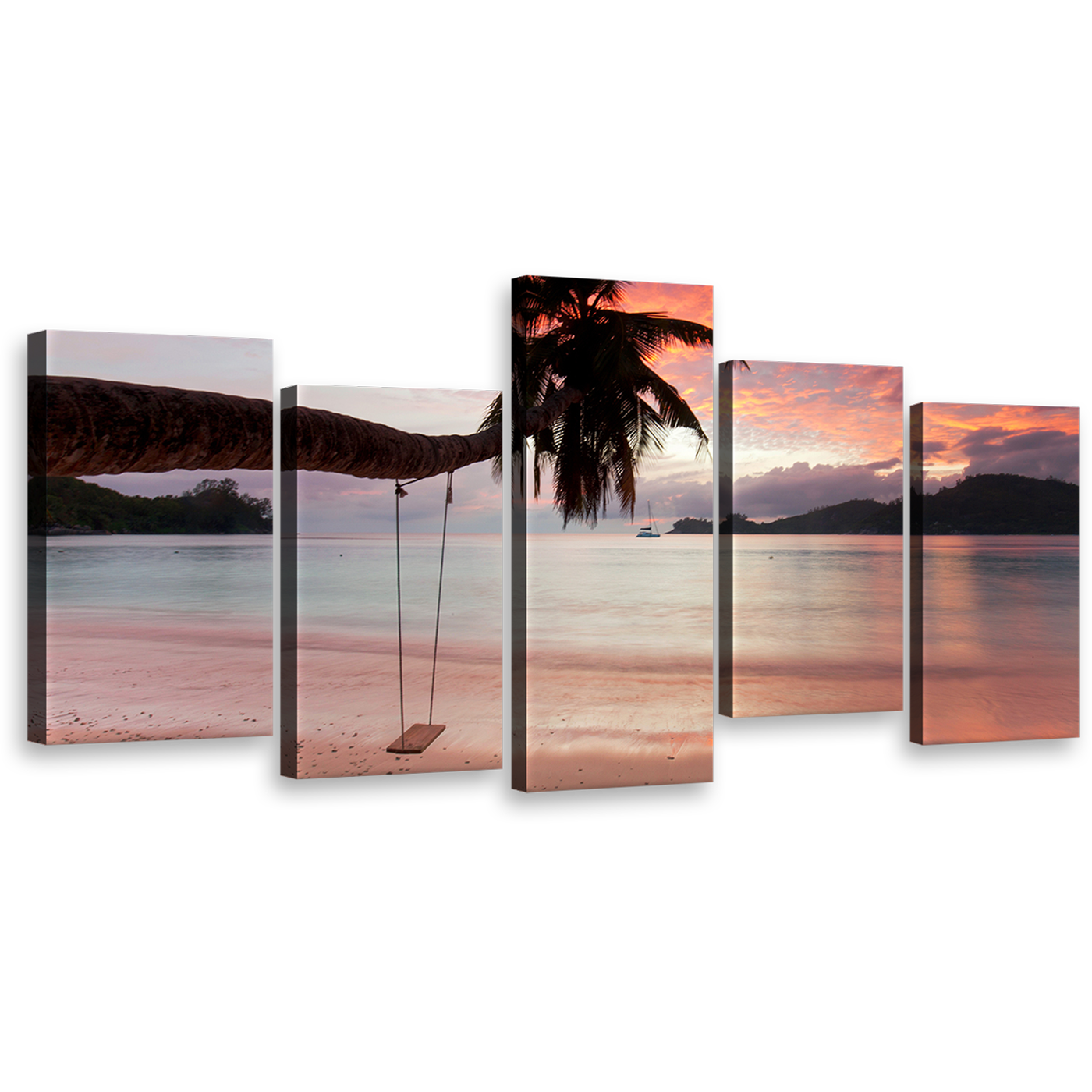 Palm Tree Canvas Print, Evening Sky Orange Seascape Multi Canvas Artwork, Seychelles Green Mahe Beach 5 Piece Canvas Wall Art