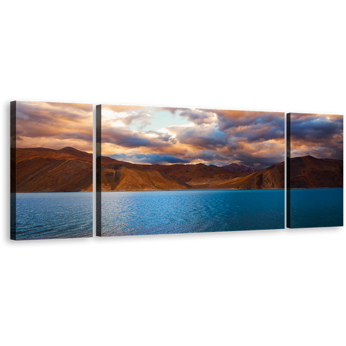 Pangong Lake Canvas Print, Jammu Brown Ocean Mountains Scenery Canvas Set, Leh Ladakh Mountain Water Sky Multi Canvas, Cloudy Blue Pangong Tso 3 Piece Canvas Wall Art