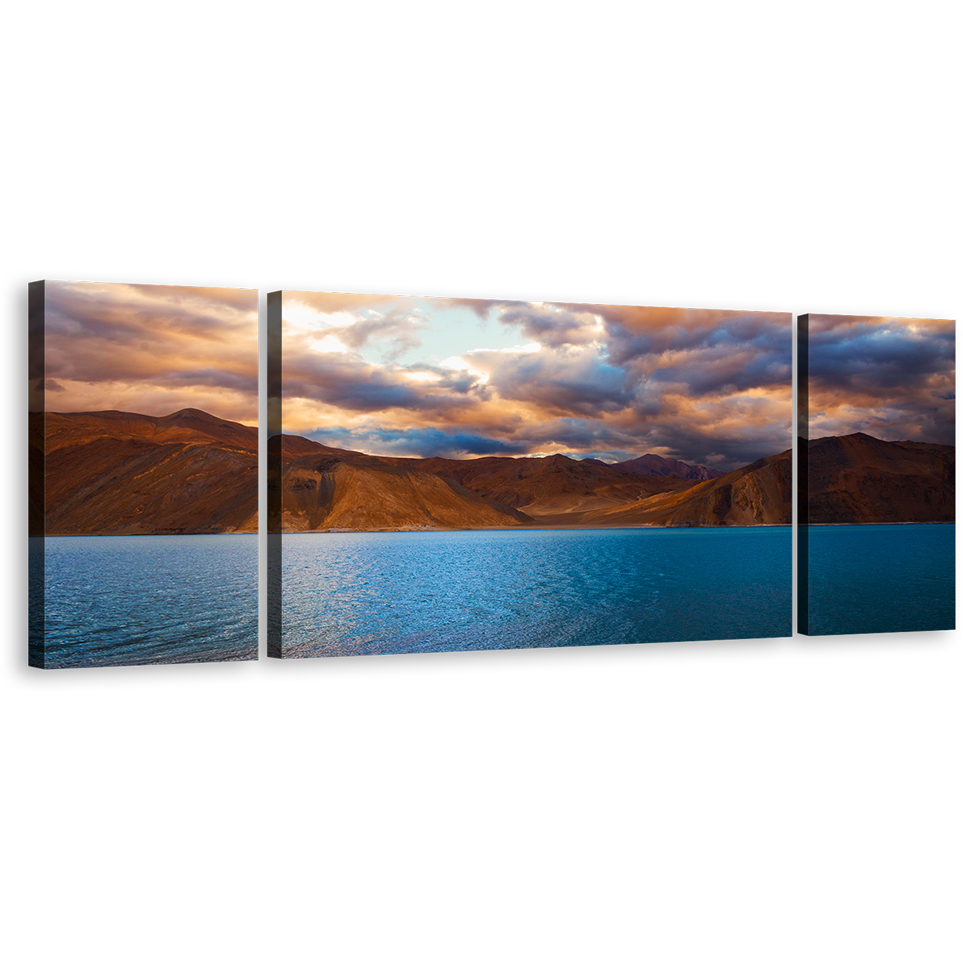 Pangong Lake Canvas Print, Jammu Brown Ocean Mountains Scenery Canvas Set, Leh Ladakh Mountain Water Sky Multi Canvas, Cloudy Blue Pangong Tso 3 Piece Canvas Wall Art