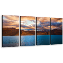 Load image into Gallery viewer, Pangong Tso Canvas Wall Art, Brown Ladakh Kashmir Ocean Mountains 4 Piece Multi Panel Canvas, Cloudy Blue Mountain Lake Canvas Set, India Jammu Mountains Scenery Canvas Print
