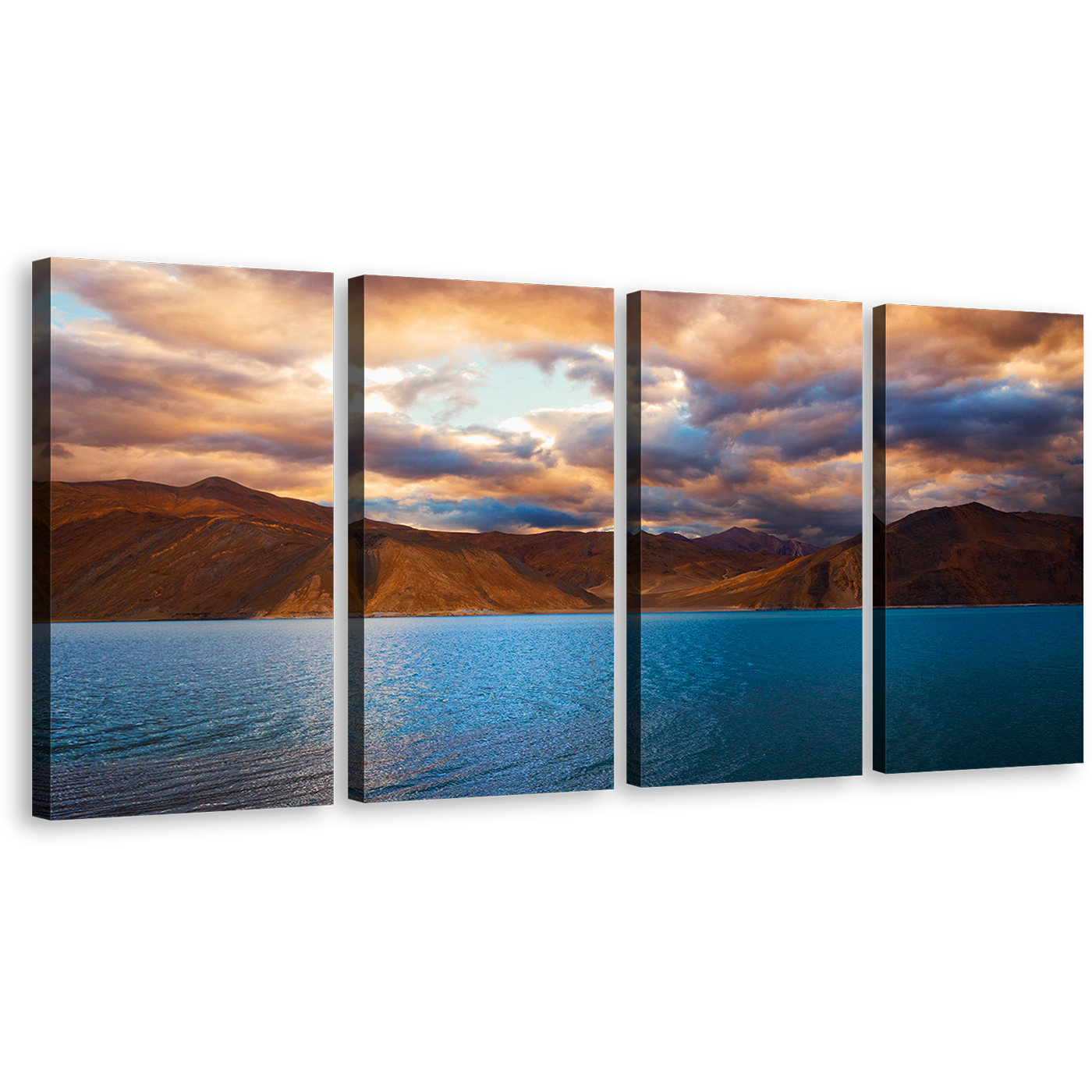 Pangong Tso Canvas Wall Art, Brown Ladakh Kashmir Ocean Mountains 4 Piece Multi Panel Canvas, Cloudy Blue Mountain Lake Canvas Set, India Jammu Mountains Scenery Canvas Print