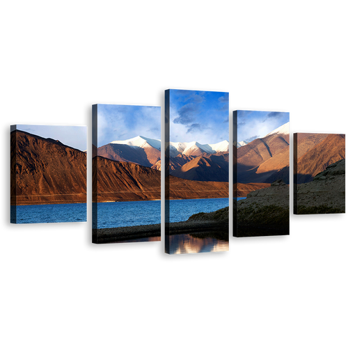 Pangong Tso Wall Art, Brown Tibet Ocean Mountains 5 Piece Canvas Set, Beautiful Blue Sky Lake Canvas Print