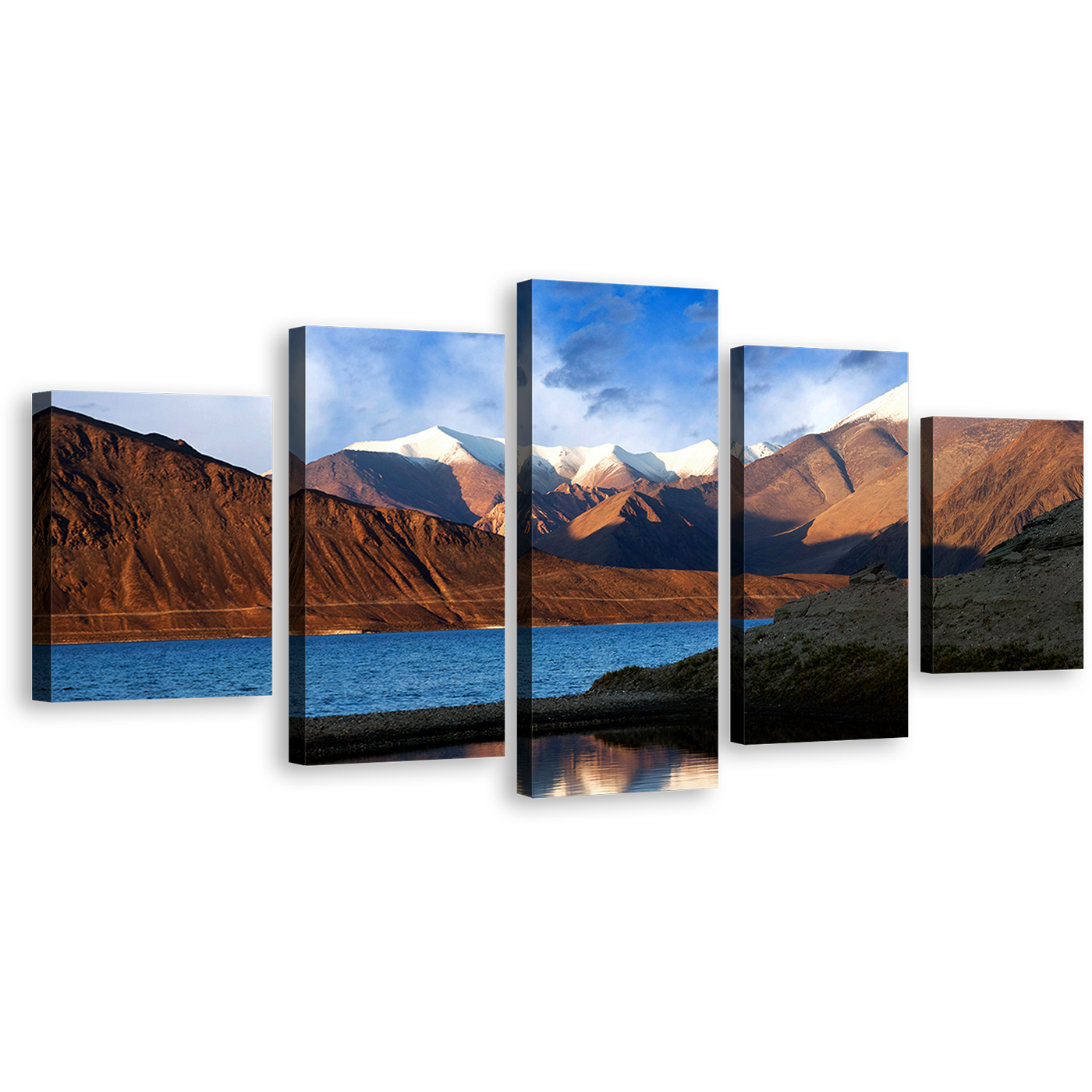 Pangong Tso Wall Art, Brown Tibet Ocean Mountains 5 Piece Canvas Set, Beautiful Blue Sky Lake Canvas Print