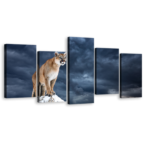 Panther Animal Canvas Wall Art, White Mountain Lion 5 Piece Multiple Canvas, Brown Wild Cat Canvas Print