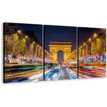 Load image into Gallery viewer, Paris City Canvas Wall Art, Arc de Triomphe 3 Piece Canvas Print, Yellow Blue Light Trails Multi Canvas, France Avenue Des Champs Elysees Canvas Set
