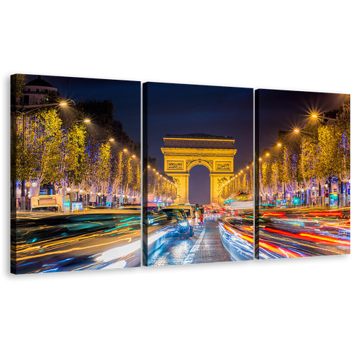 Paris City Canvas Wall Art, Arc de Triomphe 3 Piece Canvas Print, Yellow Blue Light Trails Multi Canvas, France Avenue Des Champs Elysees Canvas Set