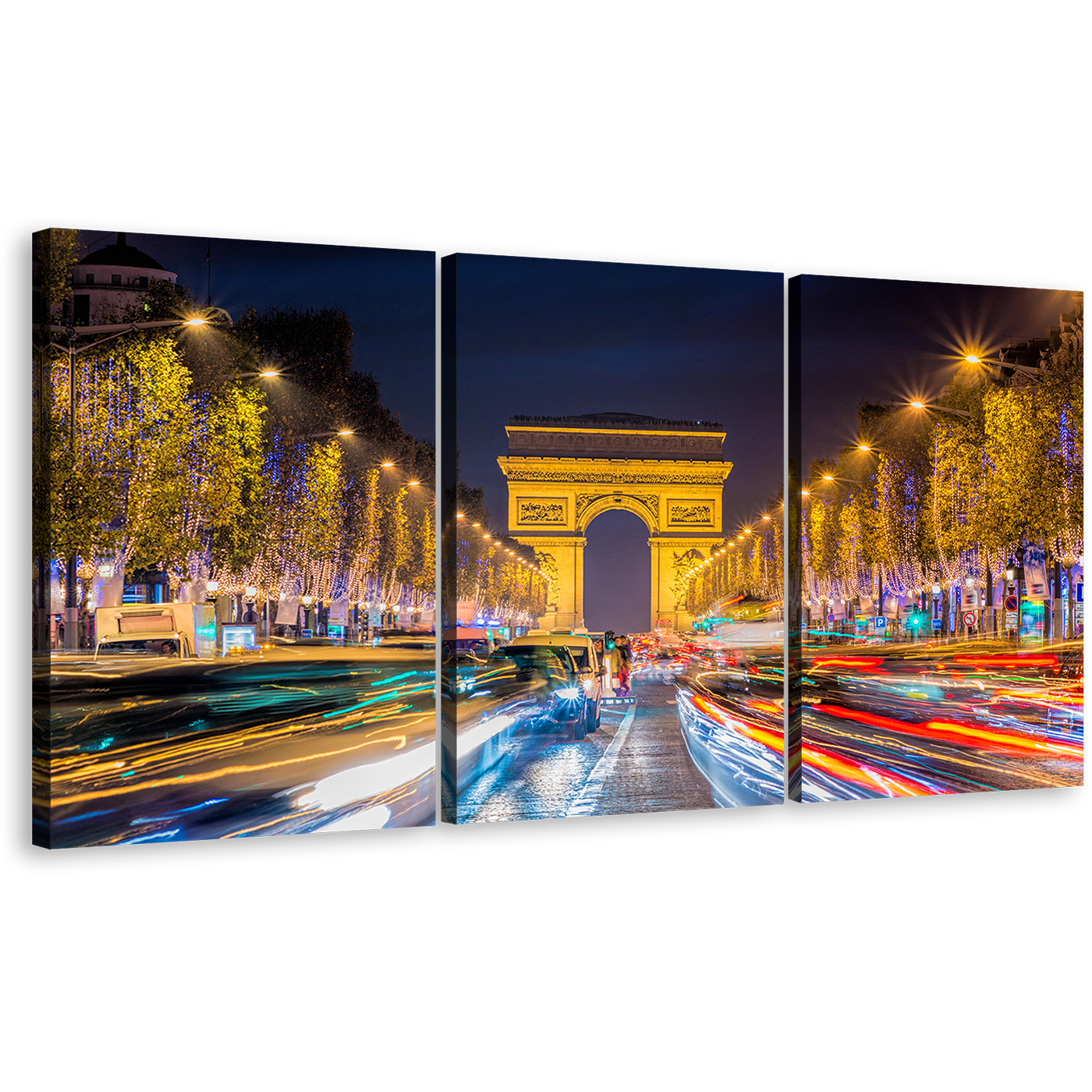 Paris City Canvas Wall Art, Arc de Triomphe 3 Piece Canvas Print, Yellow Blue Light Trails Multi Canvas, France Avenue Des Champs Elysees Canvas Set