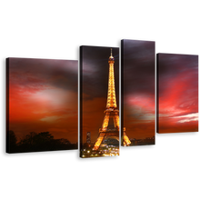 Load image into Gallery viewer, Paris City Canvas Wall Art, Dramatic Red Cloudy Night Cityscape Canvas Print, Eiffel Tower Yellow City Lights 4 Piece Multi Panel Canvas
