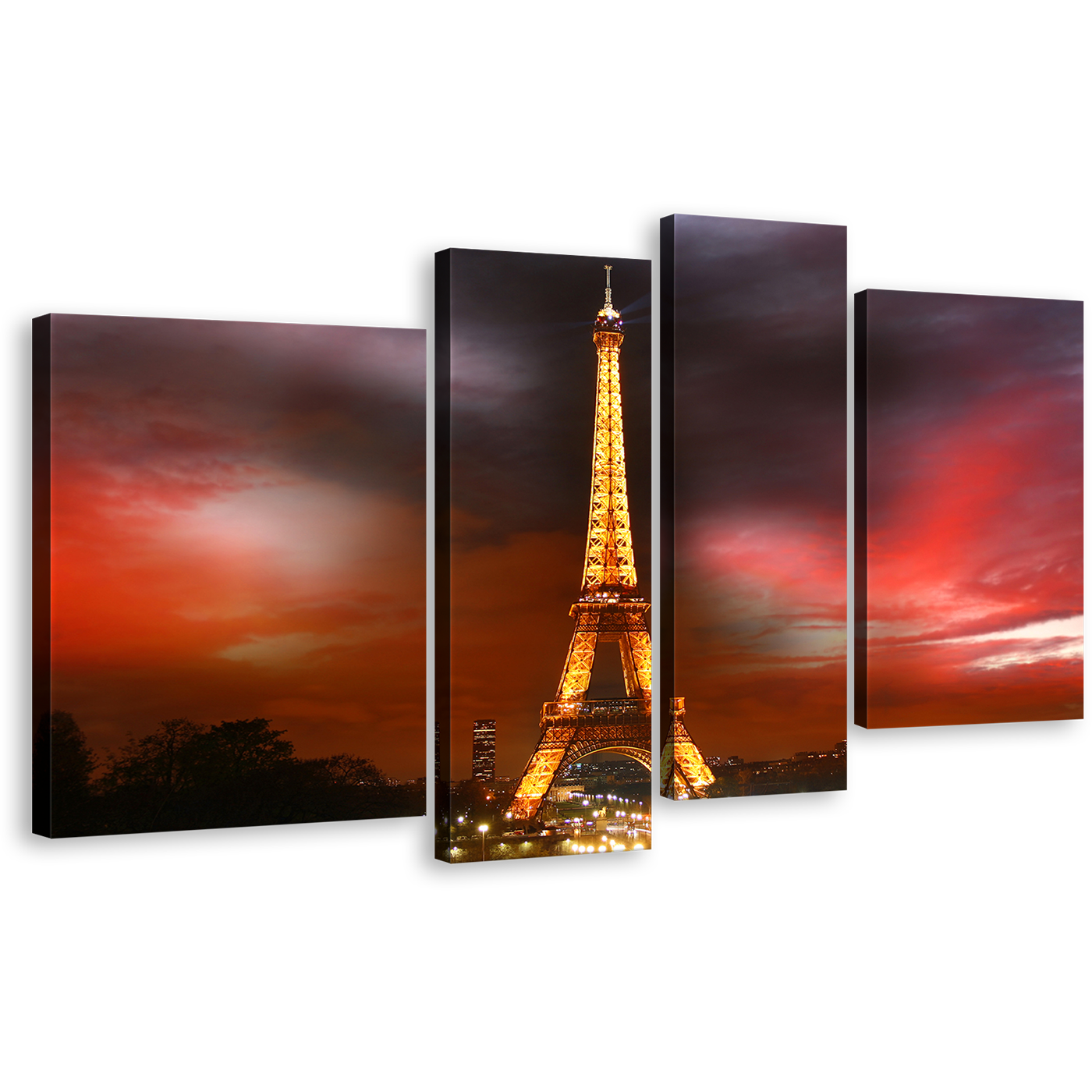 Paris City Canvas Wall Art, Dramatic Red Cloudy Night Cityscape Canvas Print, Eiffel Tower Yellow City Lights 4 Piece Multi Panel Canvas