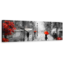 Load image into Gallery viewer, Paris City Wall Art, Red Umbrella Tree Canvas Print, Grey European Cityscape Panoramic Canvas Art
