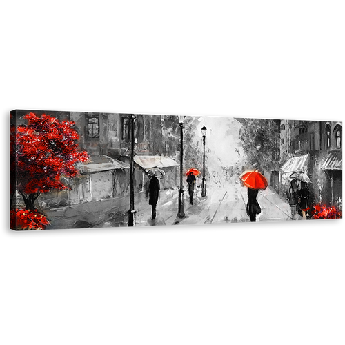 Paris City Wall Art, Red Umbrella Tree Canvas Print, Grey European Cityscape Panoramic Canvas Art