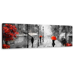 Paris City Wall Art, Red Umbrella Tree Canvas Print, Grey European Cityscape Panoramic Canvas Art
