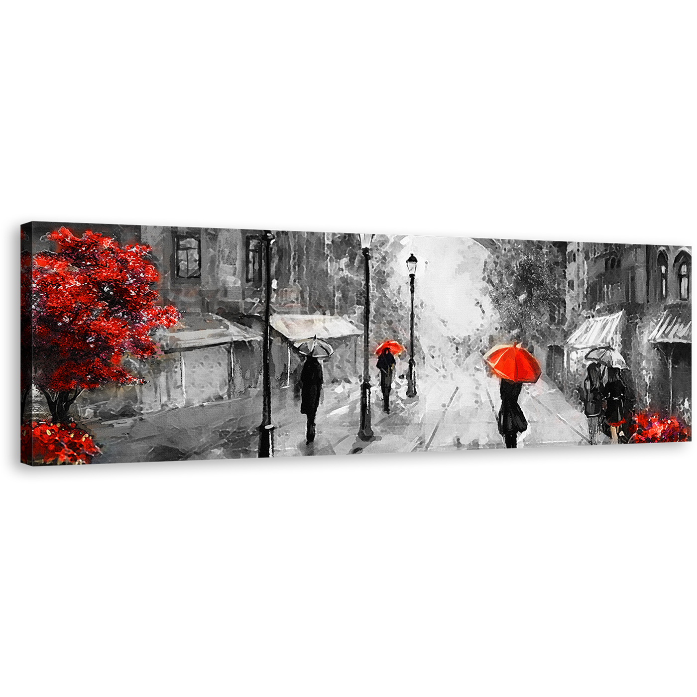 Paris City Wall Art, Red Umbrella Tree Canvas Print, Grey European Cityscape Panoramic Canvas Art