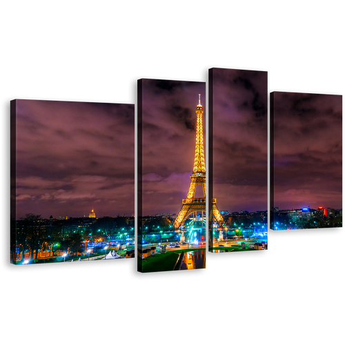 Paris Cityscape Canvas Print, Yellow Eiffel Tower Canvas Wall Art, Dramatic Cloudy Green City Lights 4 Piece Multi Panel Canvas