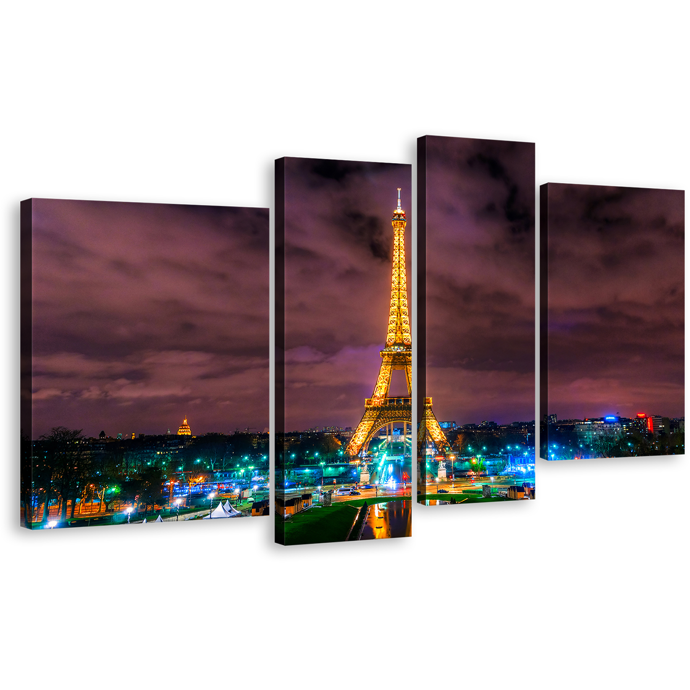 Paris Cityscape Canvas Print, Yellow Eiffel Tower Canvas Wall Art, Dramatic Cloudy Green City Lights 4 Piece Multi Panel Canvas