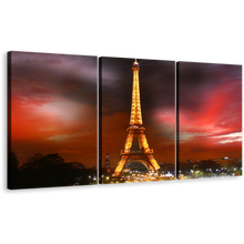 Load image into Gallery viewer, Paris Cityscape Canvas Wall Art, Eiffel Tower Yellow City Lights Triptych Canvas Set, France Grey Red Cloudy Sky 3 Piece Canvas Print
