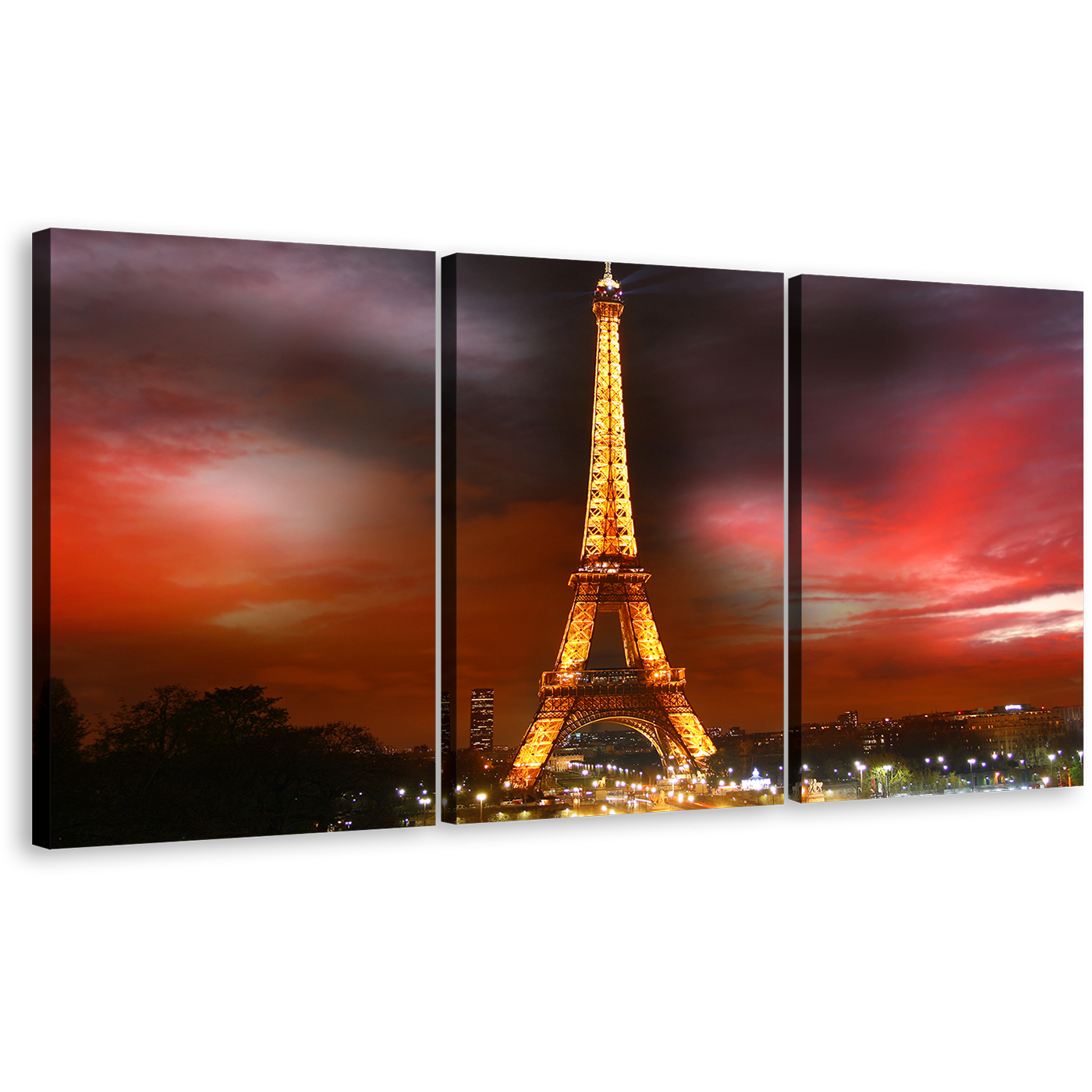 Paris Cityscape Canvas Wall Art, Eiffel Tower Yellow City Lights Triptych Canvas Set, France Grey Red Cloudy Sky 3 Piece Canvas Print