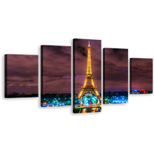 Load image into Gallery viewer, Paris France Canvas Wall Art, Dramatic Purple Clouds Paris Cityscape Canvas Print, Yellow Eiffel Tower 5 Piece Multi Panel Canvas
