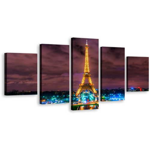 Paris France Canvas Wall Art, Dramatic Purple Clouds Paris Cityscape Canvas Print, Yellow Eiffel Tower 5 Piece Multi Panel Canvas