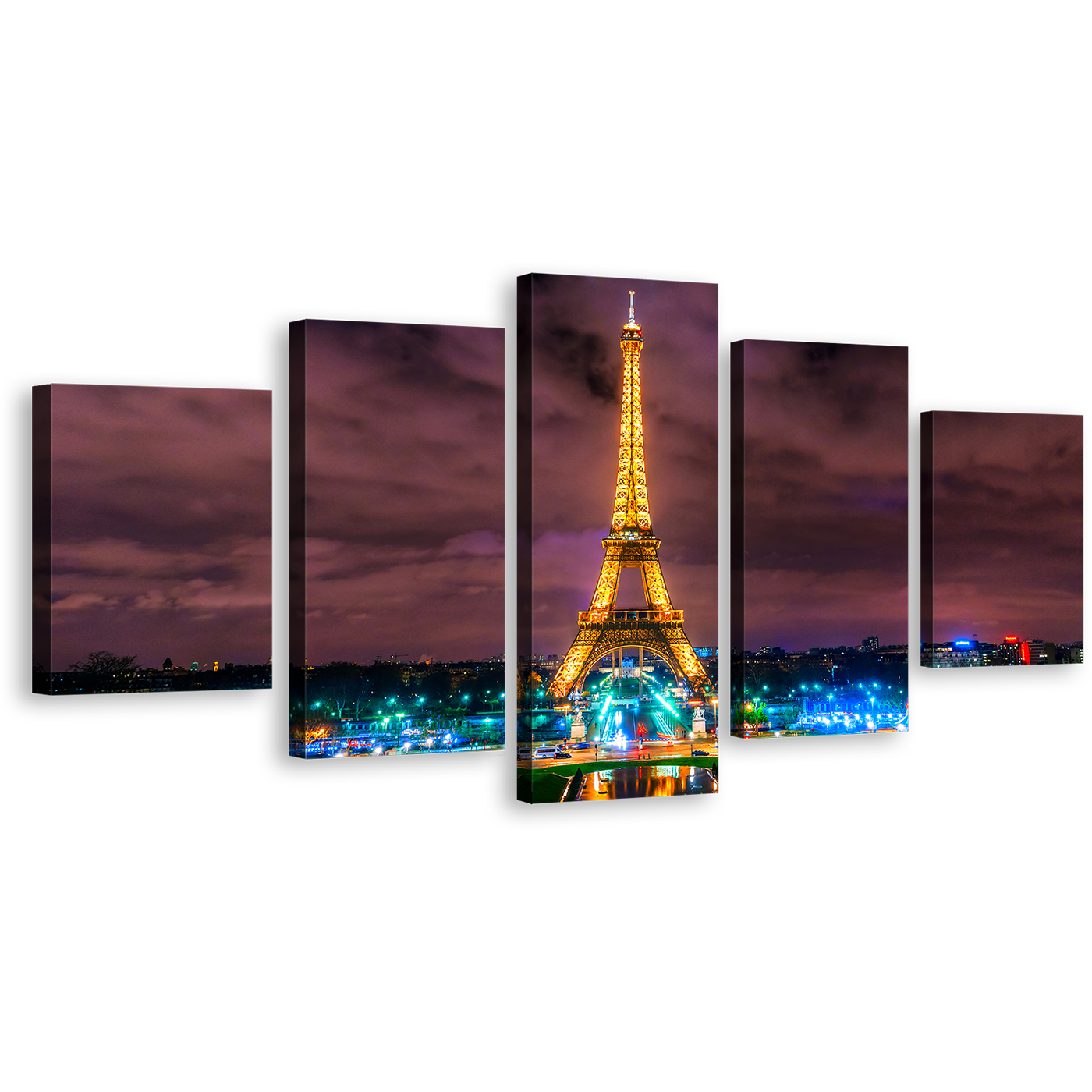 Paris France Canvas Wall Art, Dramatic Purple Clouds Paris Cityscape Canvas Print, Yellow Eiffel Tower 5 Piece Multi Panel Canvas