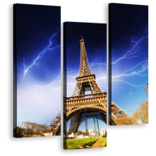 Load image into Gallery viewer, Paris Skyline Canvas Print, Amazing Blue Thunder Storm Wall Art, Yellow Eiffel Tower 3 Piece Multi Canvas
