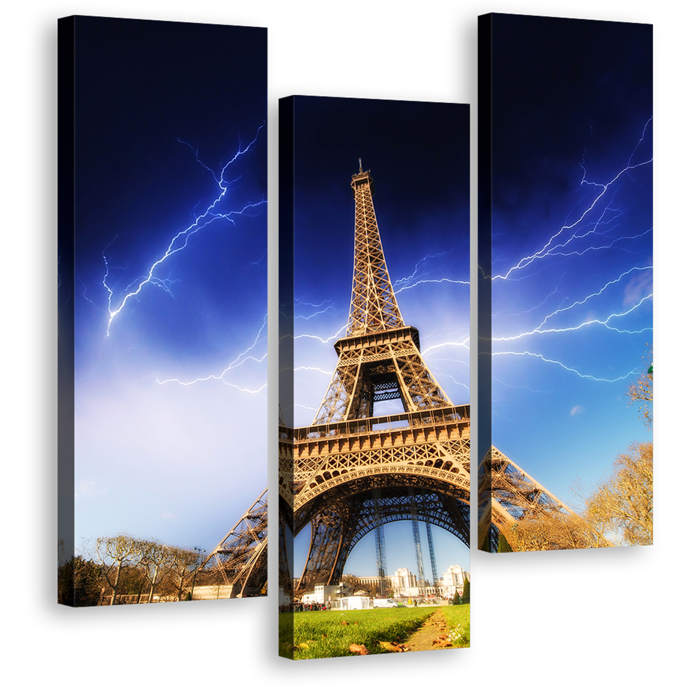 Paris Skyline Canvas Print, Amazing Blue Thunder Storm Wall Art, Yellow Eiffel Tower 3 Piece Multi Canvas