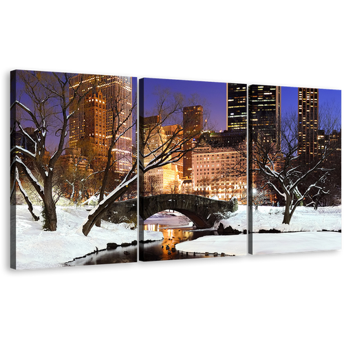 Park River Canvas Print, New York City White Snow Forest Trees 3 Piece Canvas Set, Blue Sky Central Park Landscape Wall Art