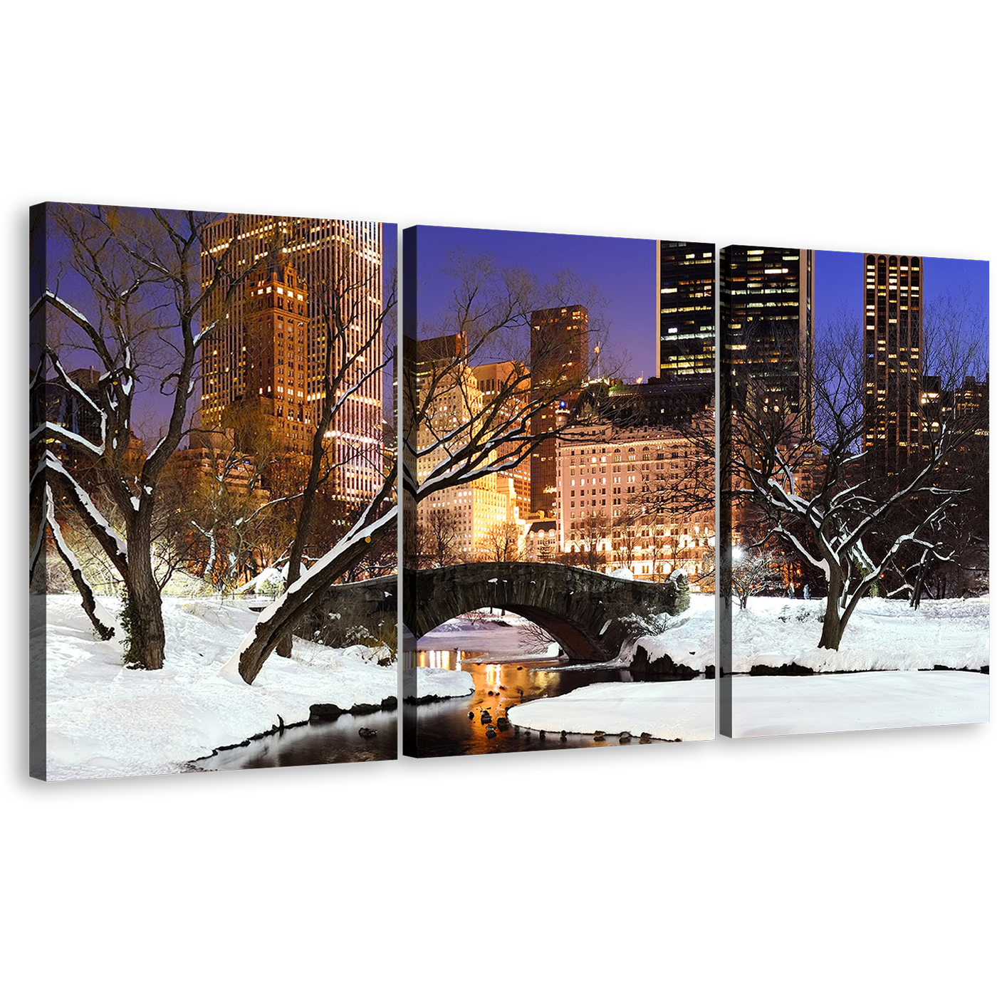 Park River Canvas Print, New York City White Snow Forest Trees 3 Piece Canvas Set, Blue Sky Central Park Landscape Wall Art