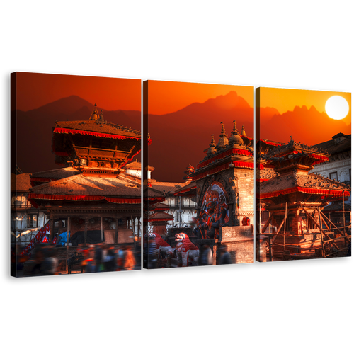 Patan Durbar Square Canvas Wall Art, Nepal City Orange Sky Triptych Multiple Canvas, Kathmandu Valley Red Skyline 3 Piece Canvas Print