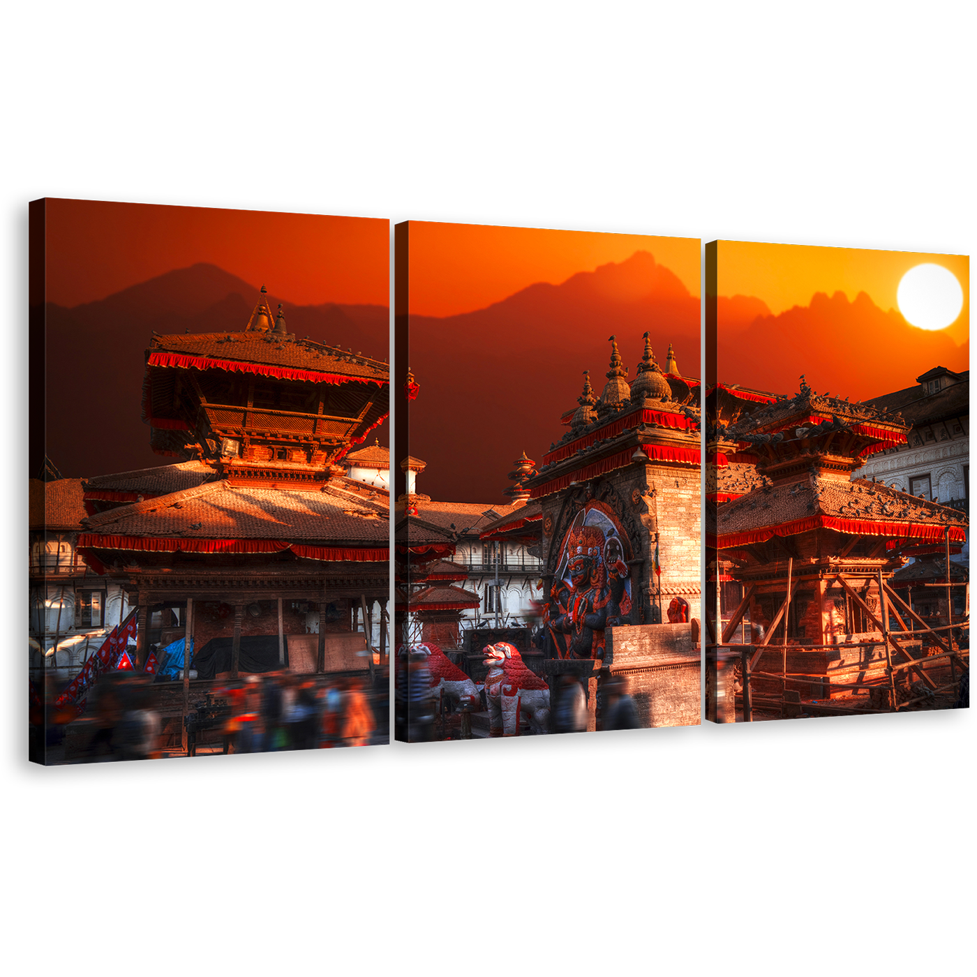 Patan Durbar Square Canvas Wall Art, Nepal City Orange Sky Triptych Multiple Canvas, Kathmandu Valley Red Skyline 3 Piece Canvas Print