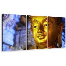 Load image into Gallery viewer, Peaceful Buddha Canvas Print, Golden Gaze of Enlightenment Buddha Statue 3 Piece Canvas Wall Art
