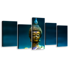 Load image into Gallery viewer, Peaceful Buddha Canvas Wall Art, Blue Background Buddha Statue 5 Piece Canvas Print, Gold Lord Buddha Multi Canvas Artwork
