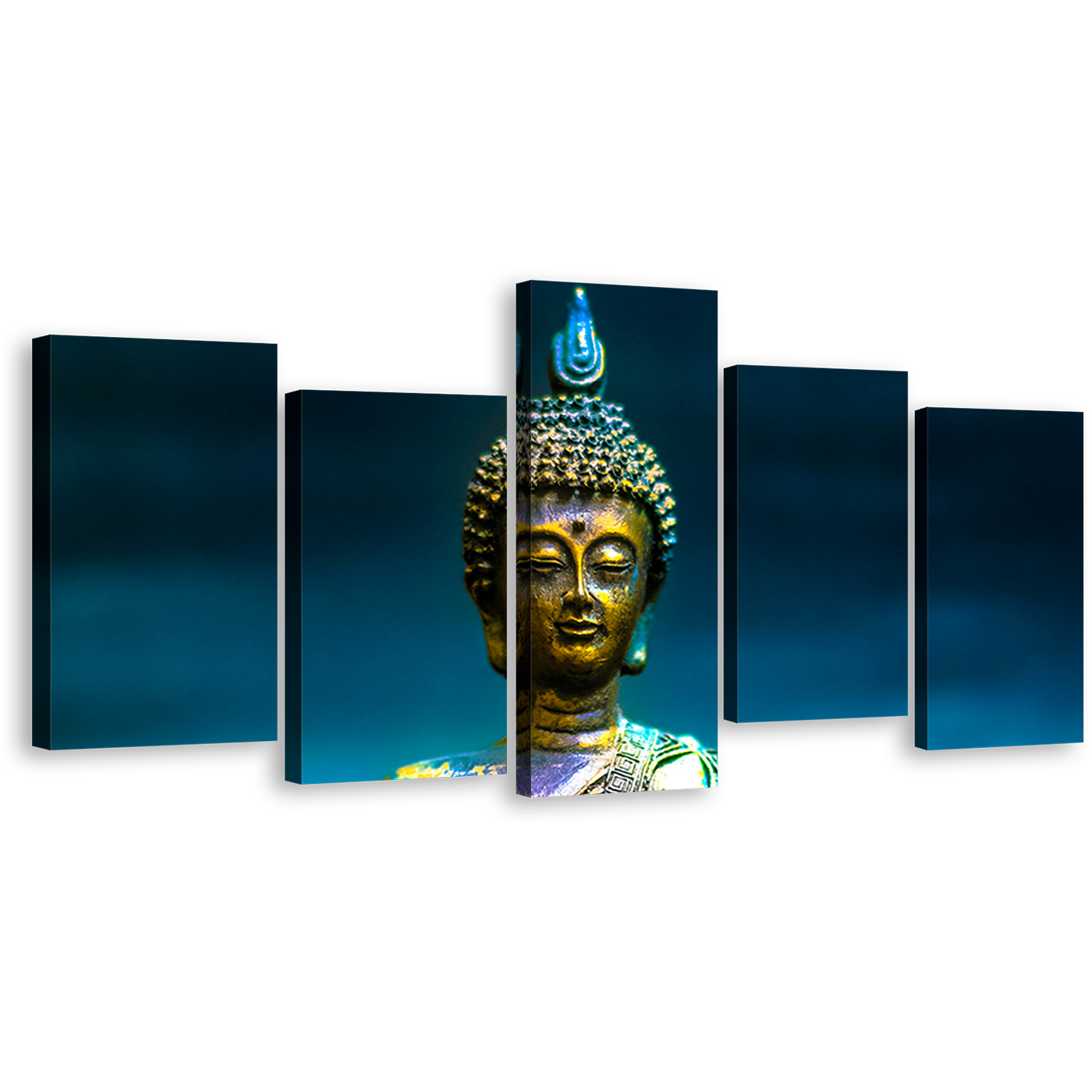 Peaceful Buddha Canvas Wall Art, Blue Background Buddha Statue 5 Piece Canvas Print, Gold Lord Buddha Multi Canvas Artwork