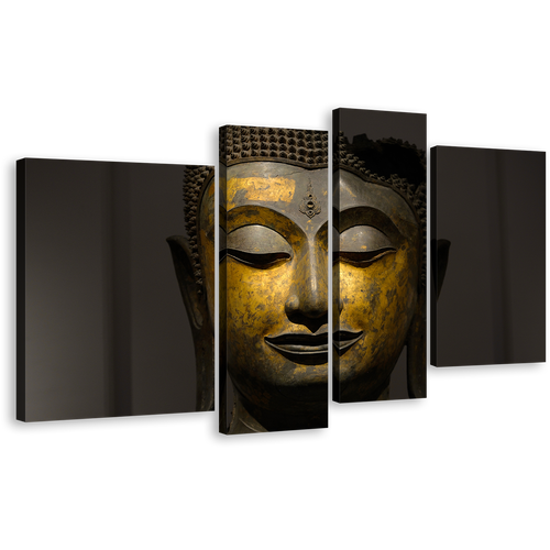 Peaceful Buddha Canvas Wall Art, Buddha Meditation 4 Piece Multi Canvas Artwork, Yellow Grey Buddha Close Up Canvas Print