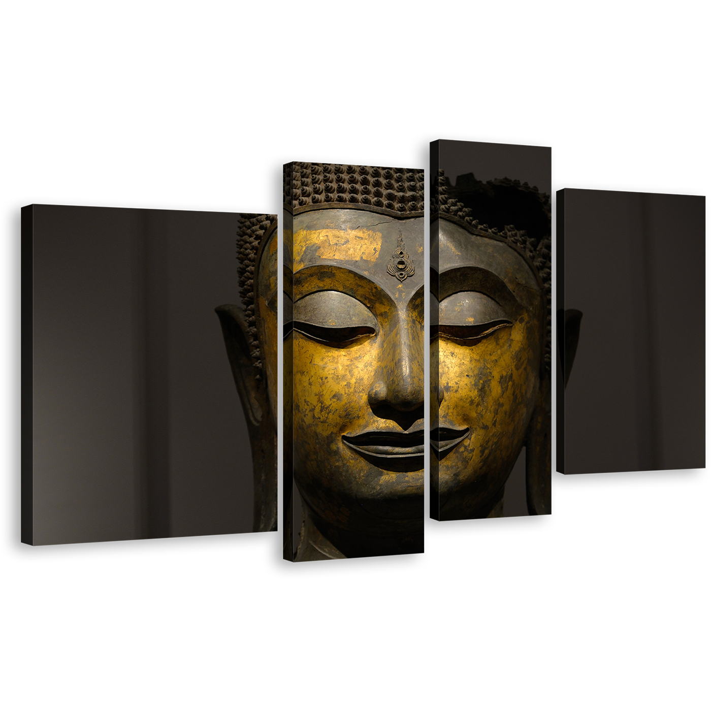 Peaceful Buddha Canvas Wall Art, Buddha Meditation 4 Piece Multi Canvas Artwork, Yellow Grey Buddha Close Up Canvas Print