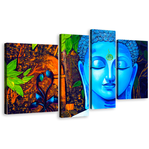 Peaceful Buddha Canvas Wall Art, Buddha Meditation 4 Piece Multi Canvas, Blue Buddha Close Up Canvas Print